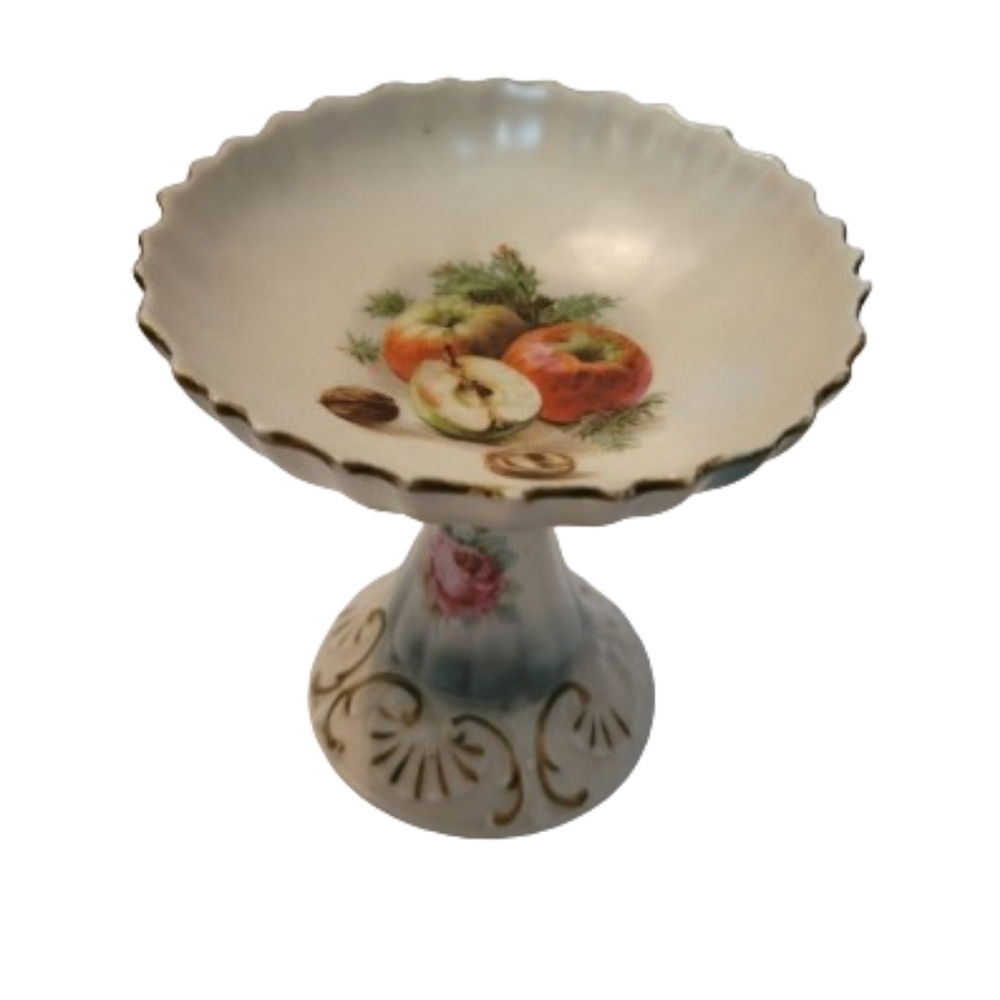 Ceramic bowl Kitchen Hand Painted Gold Etched Footed Fruit Bowl Pedestal vintage